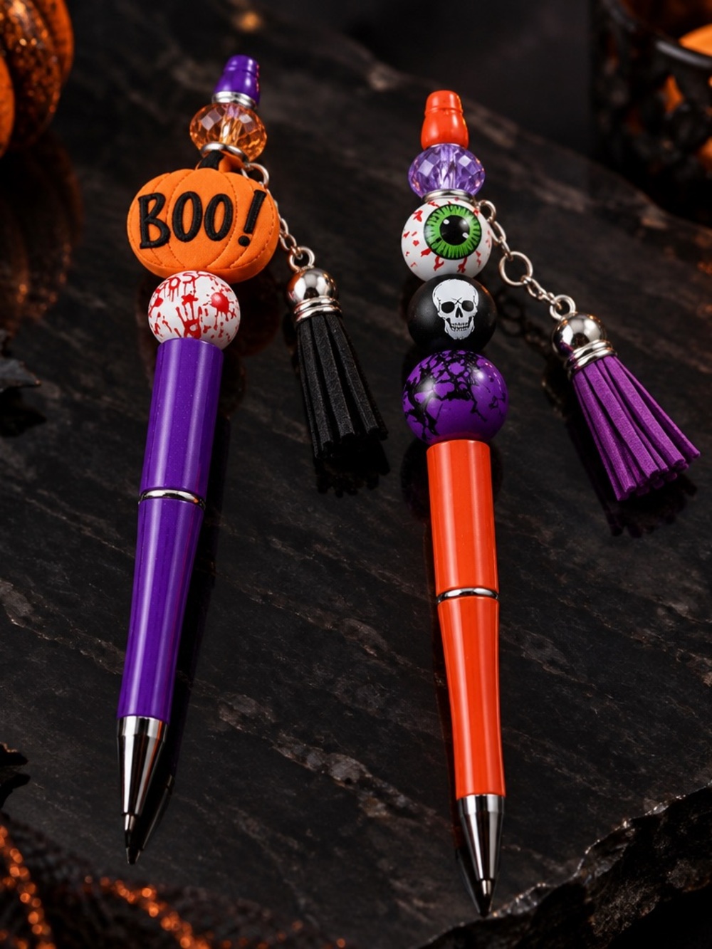 Halloween Handmade Pen Set — Purple & Orange Decorative Tassel Pens set of 2